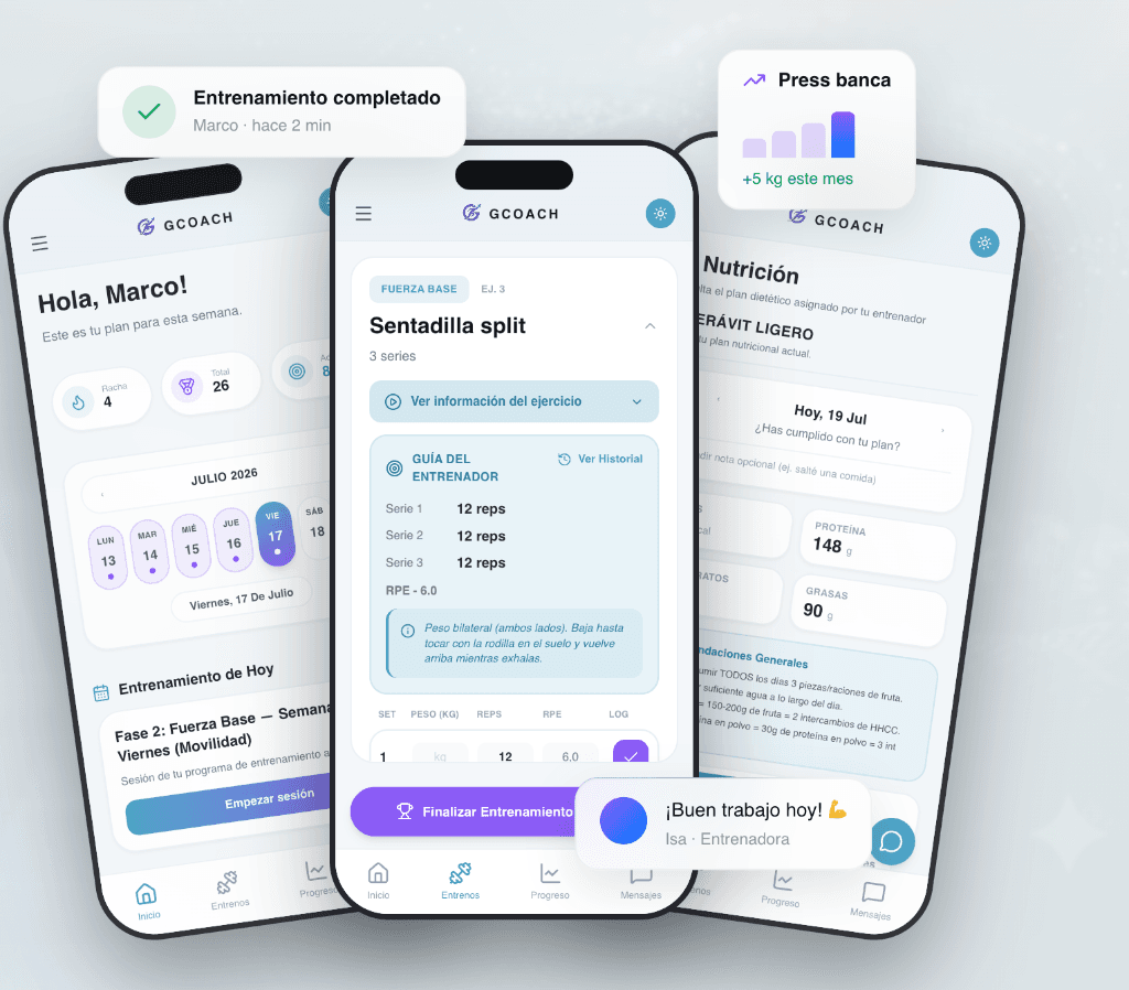 Interfaz de la app GCoach utilizada por Isa Noya: planificación semanal, registro de ejercicios, nutrición y feedback